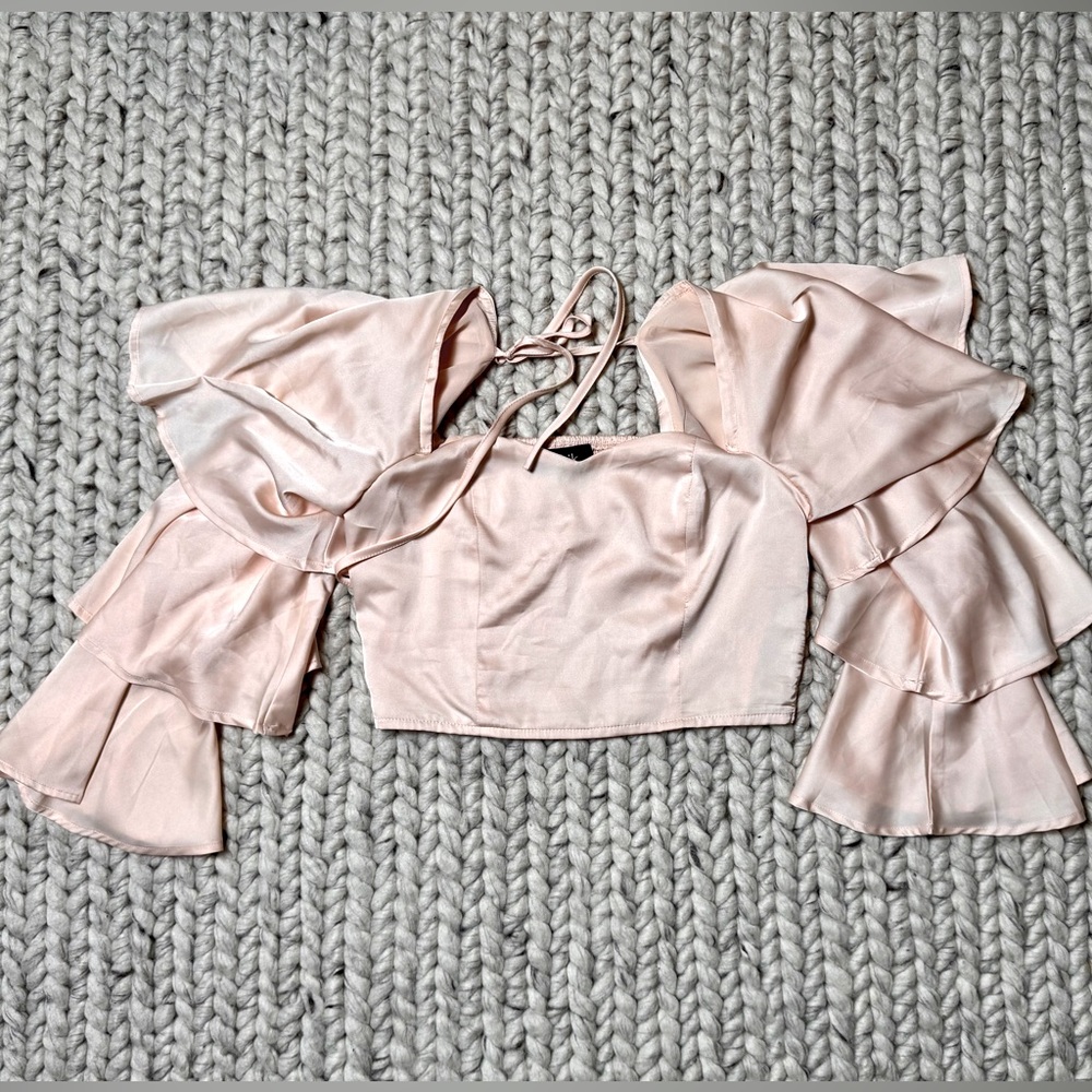 NWOT FAB’RIK-Elegant Pink Ruffle Sleeve Women's Top